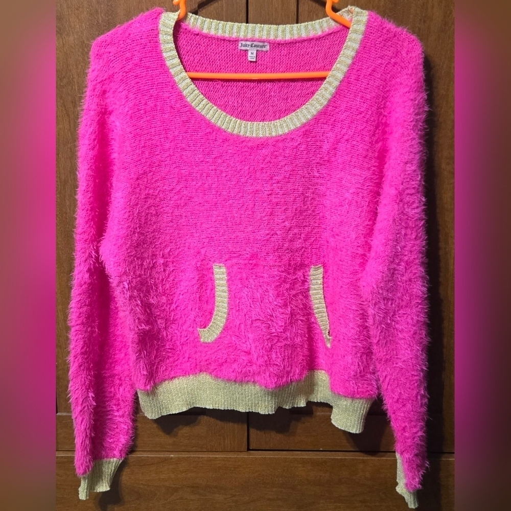 Juicy Couture Pink Fuzzy Sweater with Gold Trim